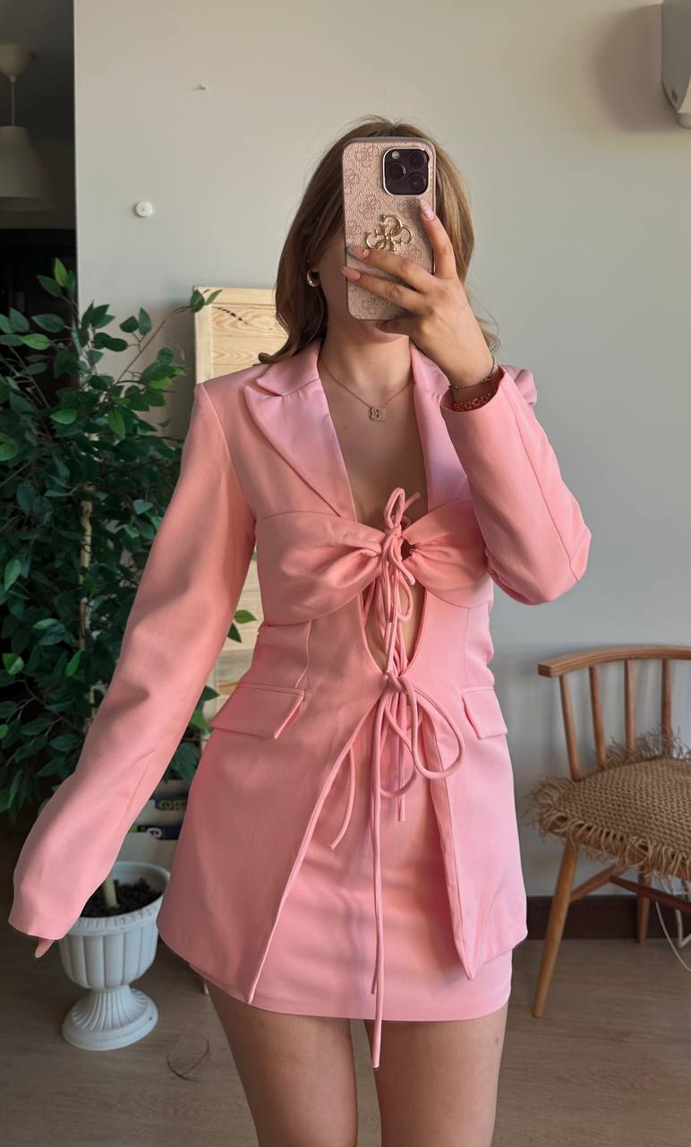 Bağcıklı Blazer Ceket Etek Takım