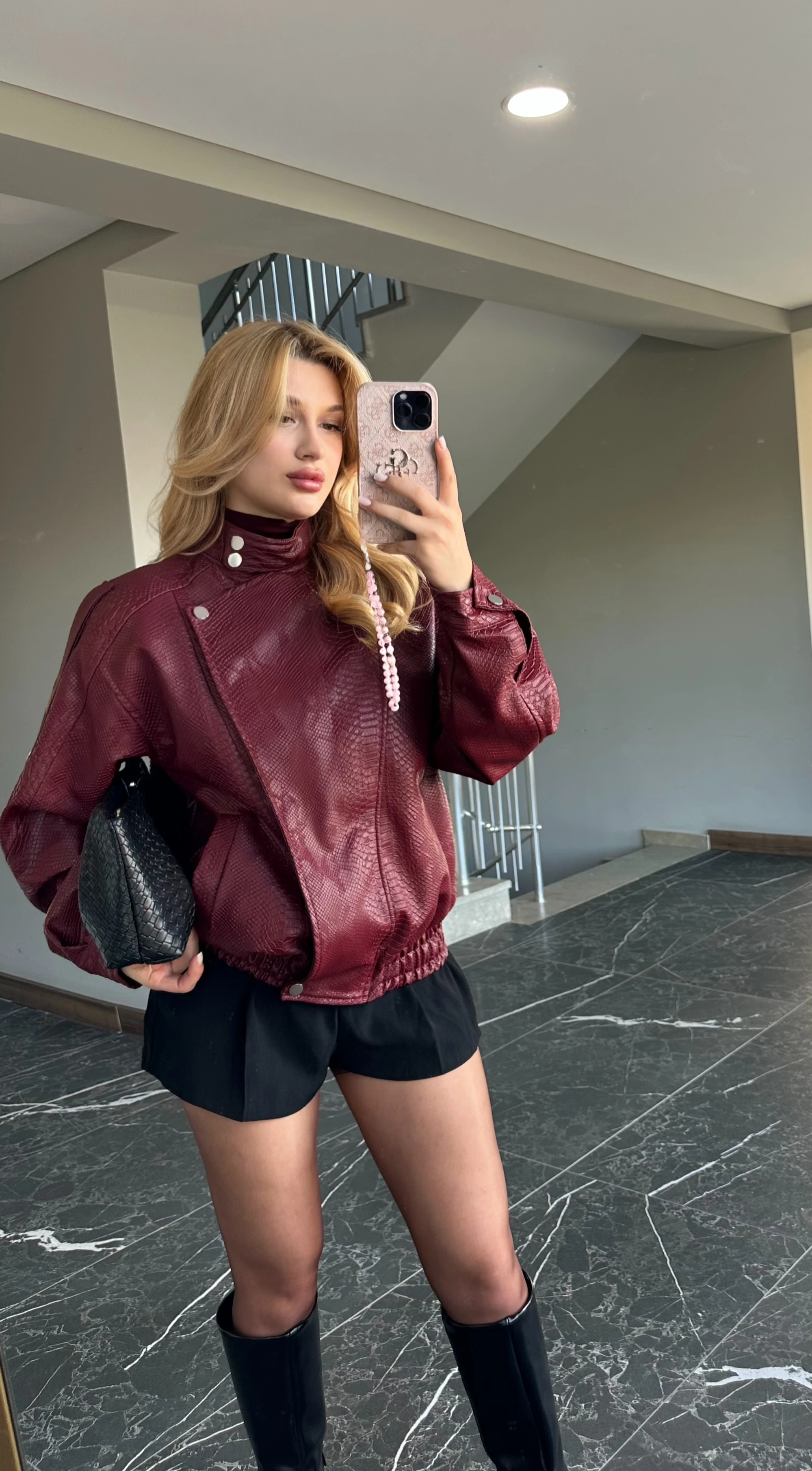 Deri Bomber Ceket - Kırmızı