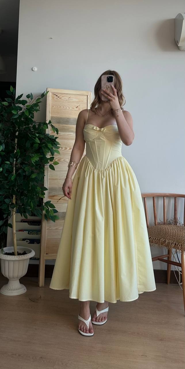 Askılı Prenses Model Pembe Elbise - Sarı