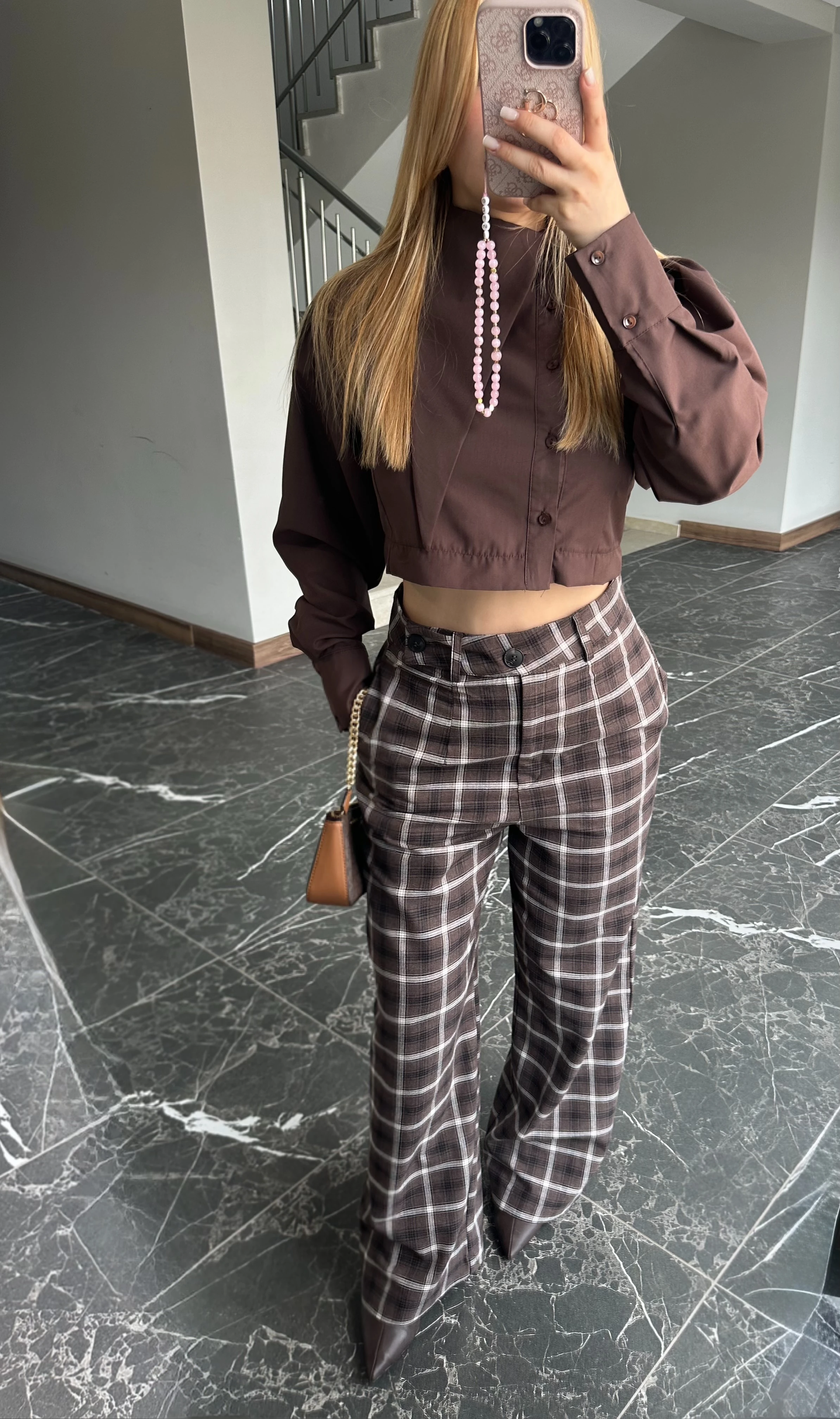 Ekose Desen Pantolon  - Krem Kahve