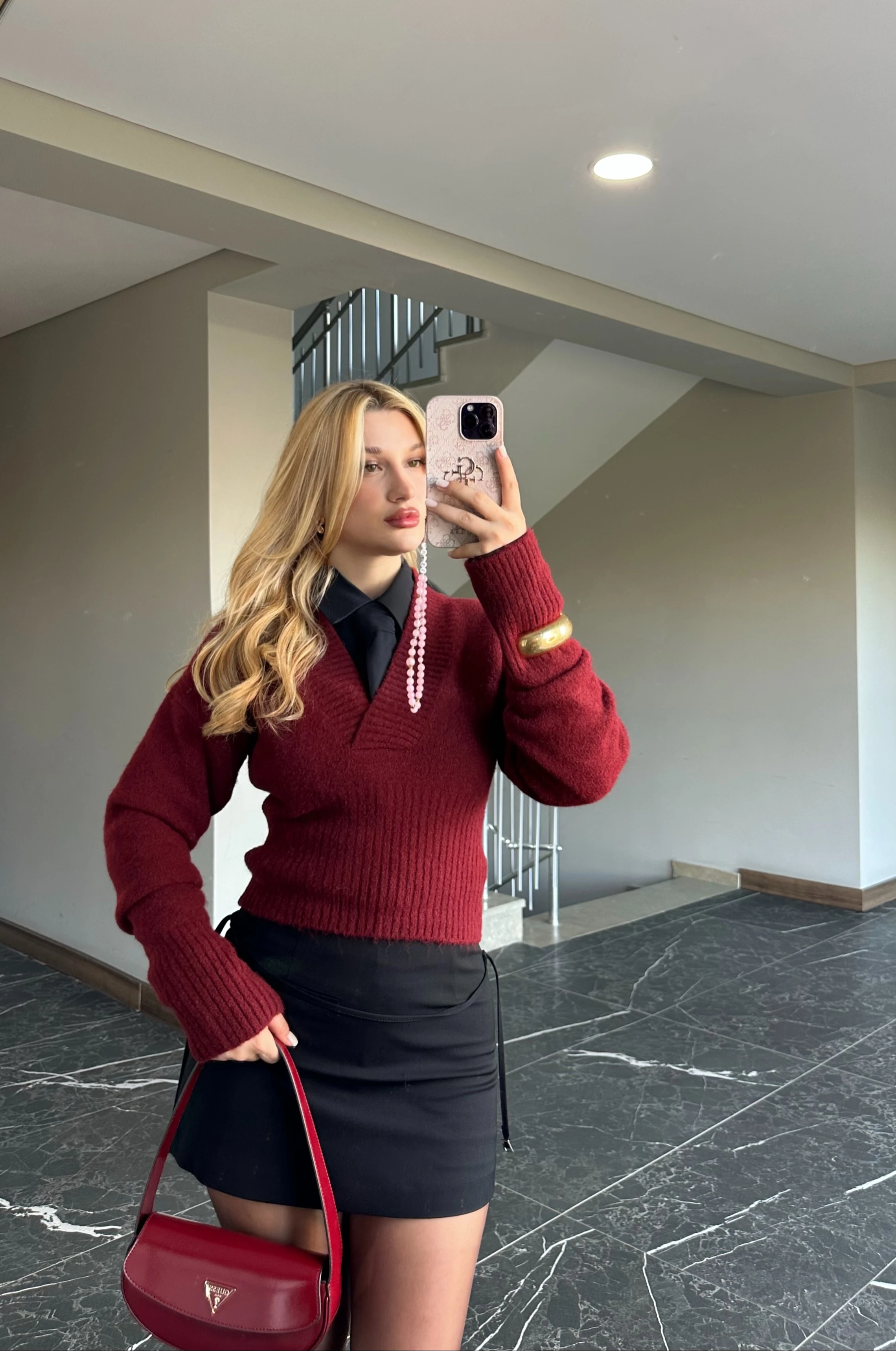 Derin V Yaka Premium Kazak - Bordo