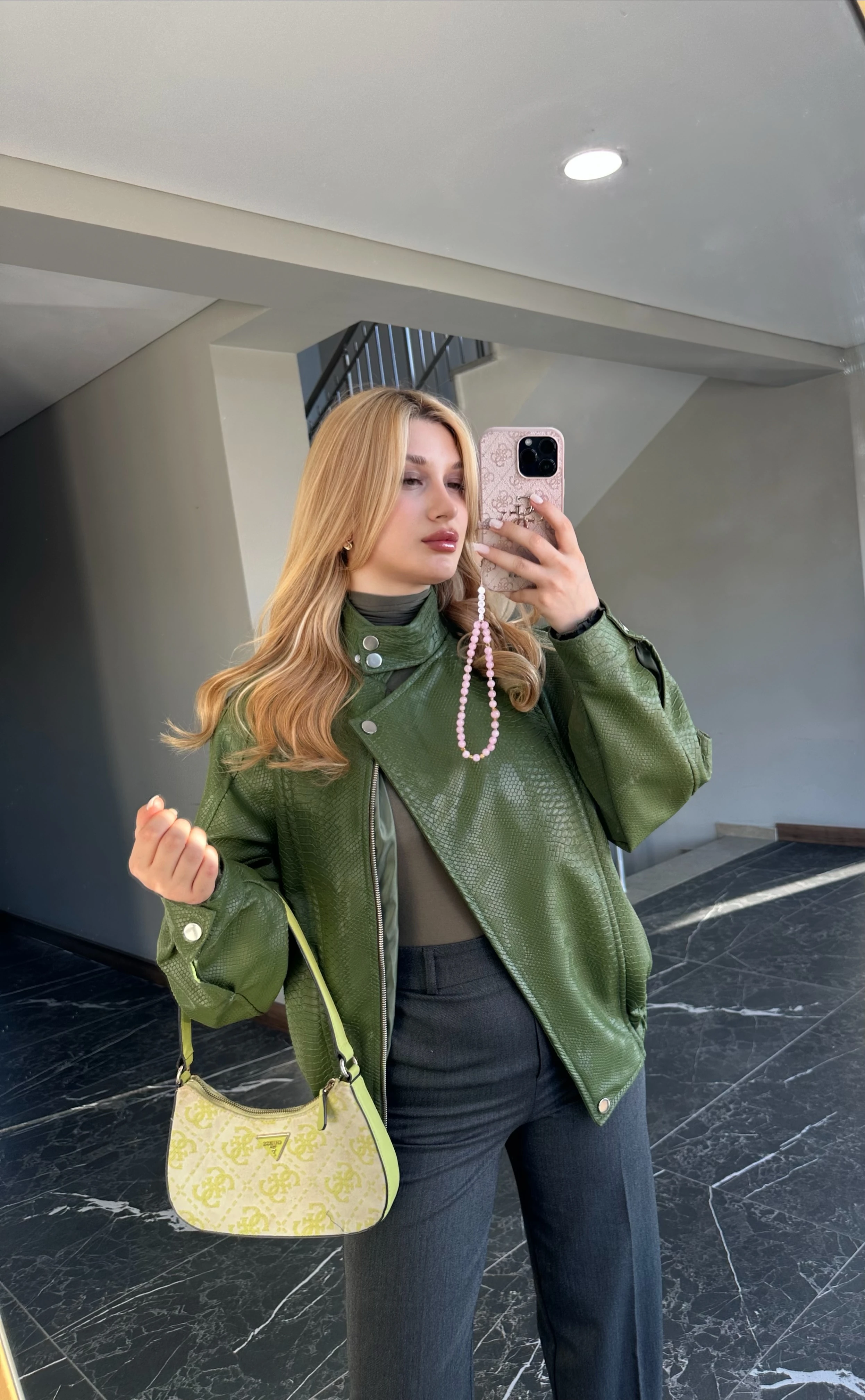 Deri Bomber Ceket - Zeytin yeşili