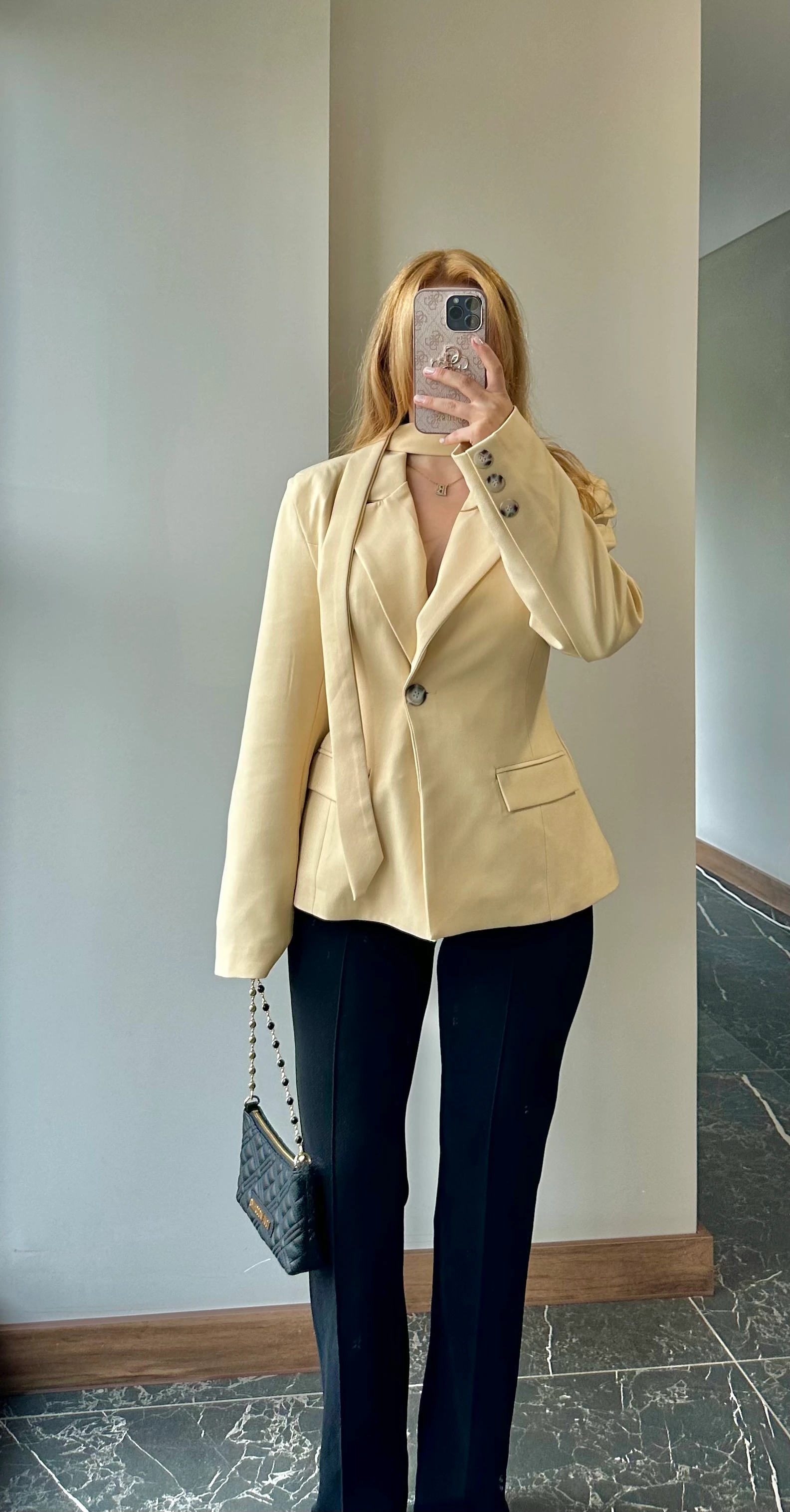 Fularlı Belden Oturtmalı Kruvaze Blazer Ceket  - Sarı