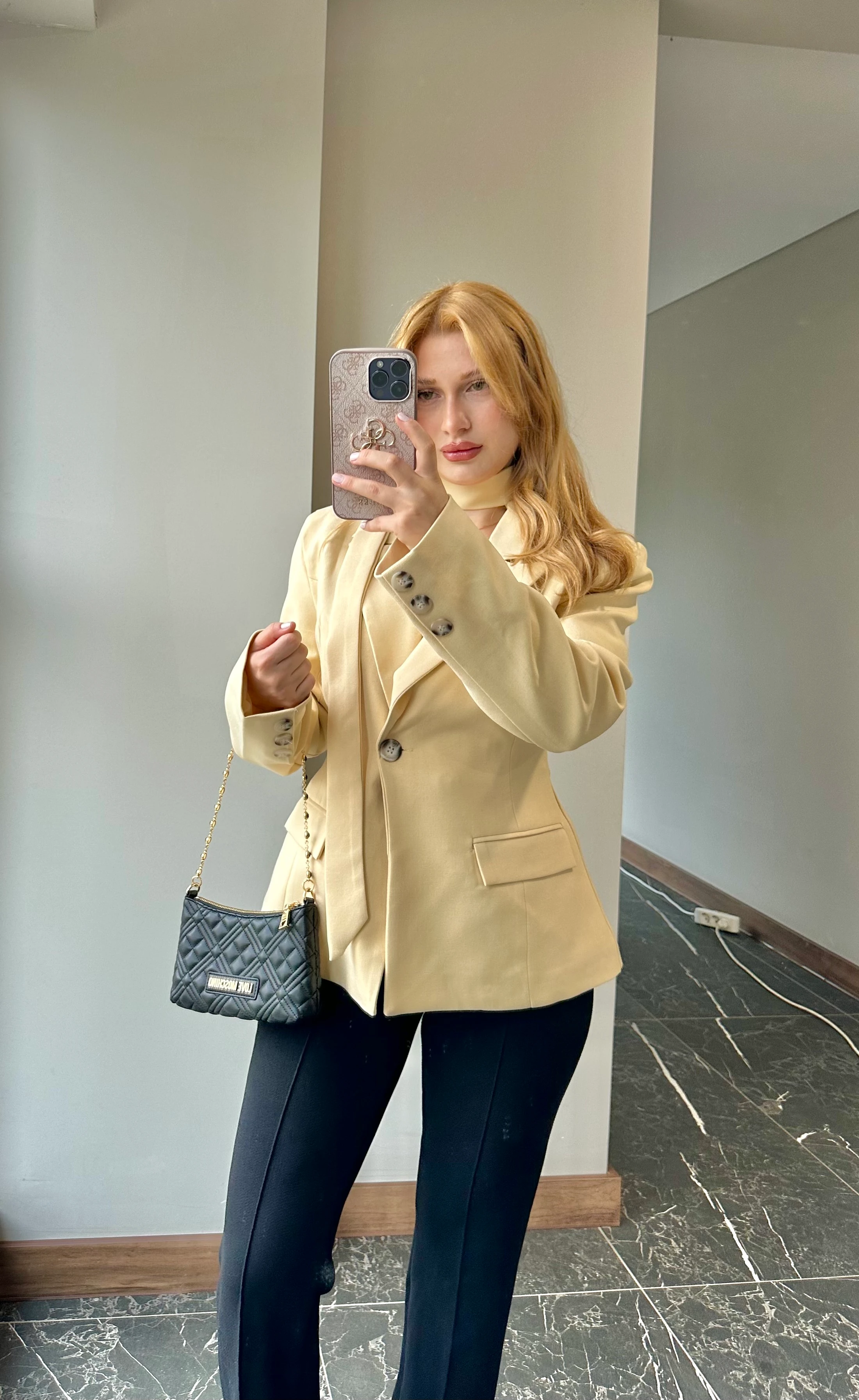 Fularlı Belden Oturtmalı Kruvaze Blazer Ceket 