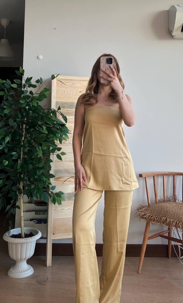 Straplez Saten Takım - Butter Yellow