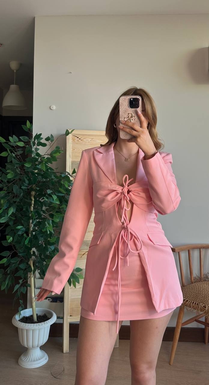 Bağcıklı Blazer Ceket Etek Takım - Pembe