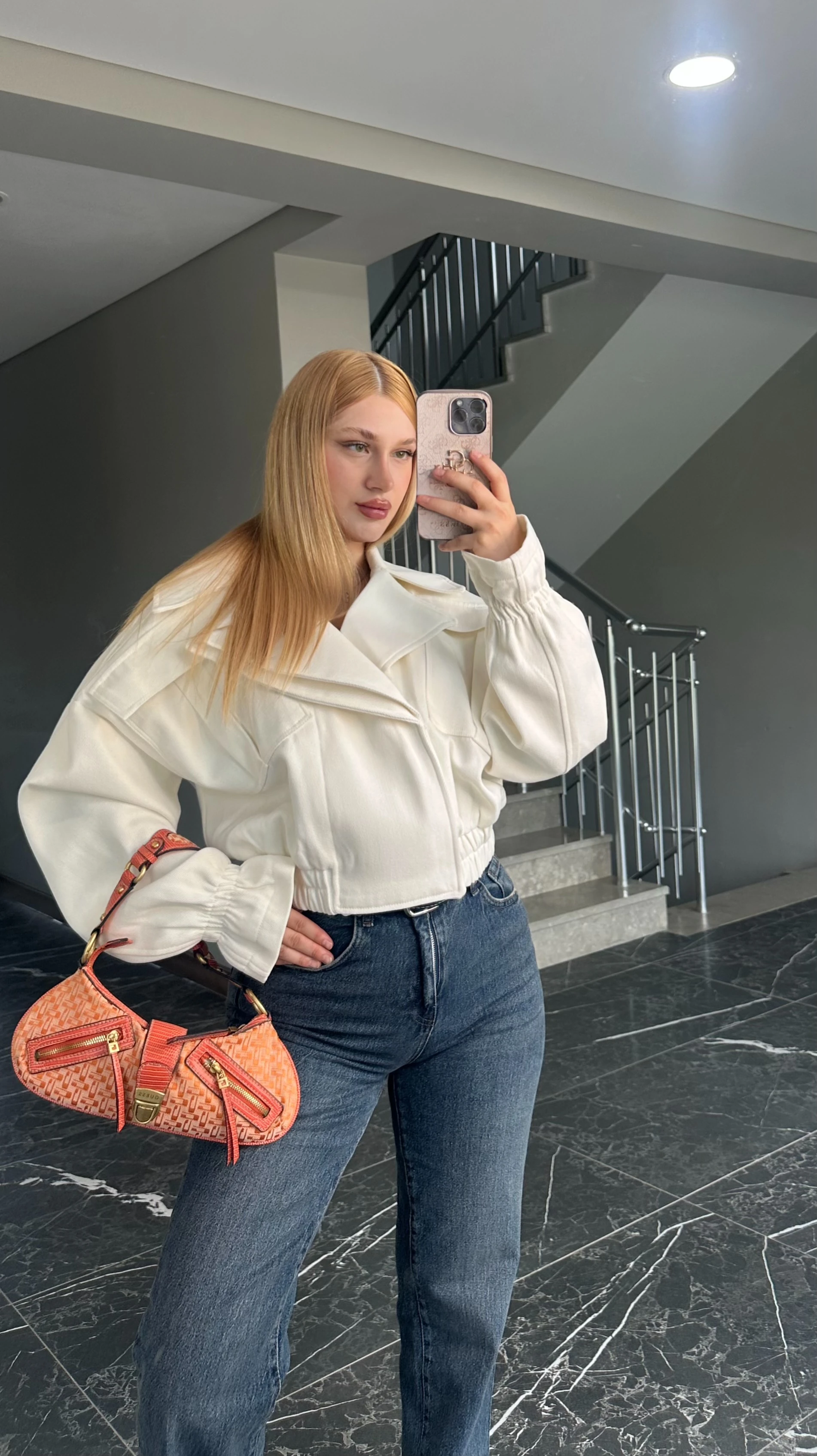 Ekru Beli Lastikli Bomber Ceket