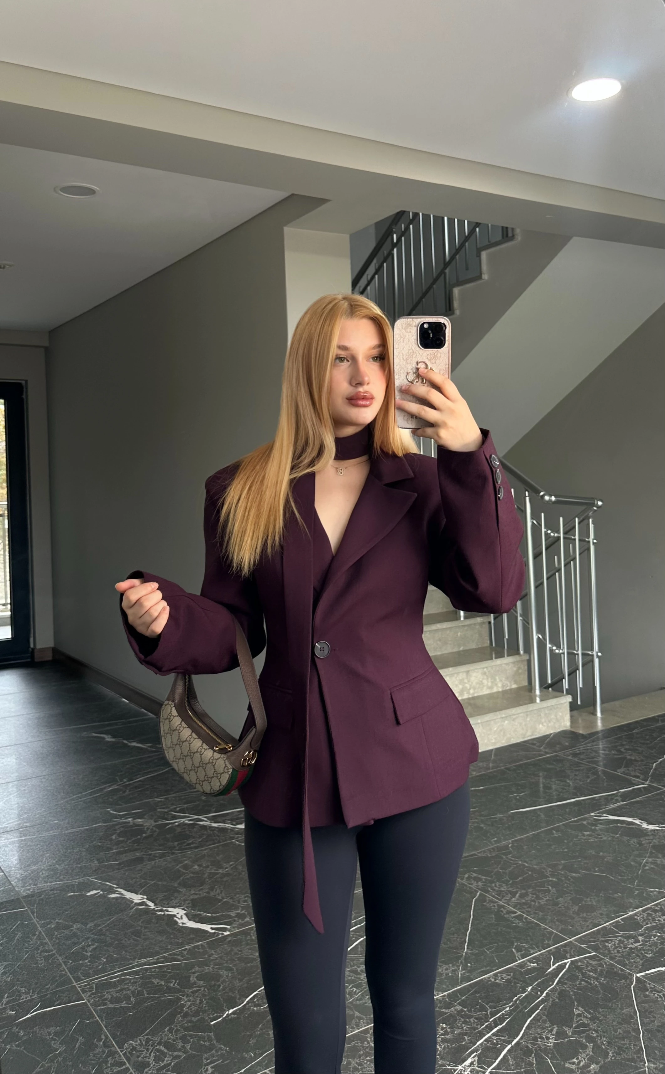 Fularlı Belden Oturtmalı Kruvaze Blazer Ceket  - Mürdüm