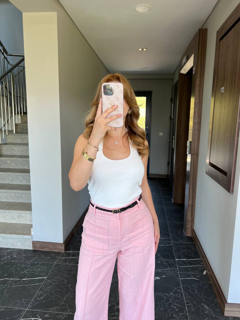 Çift Cepli Kemerli Keten Pantolon - Pembe