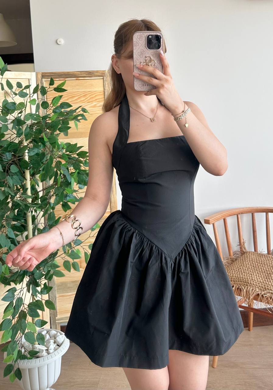 Boyundan Bağlamalı Mini Elbise - Siyah