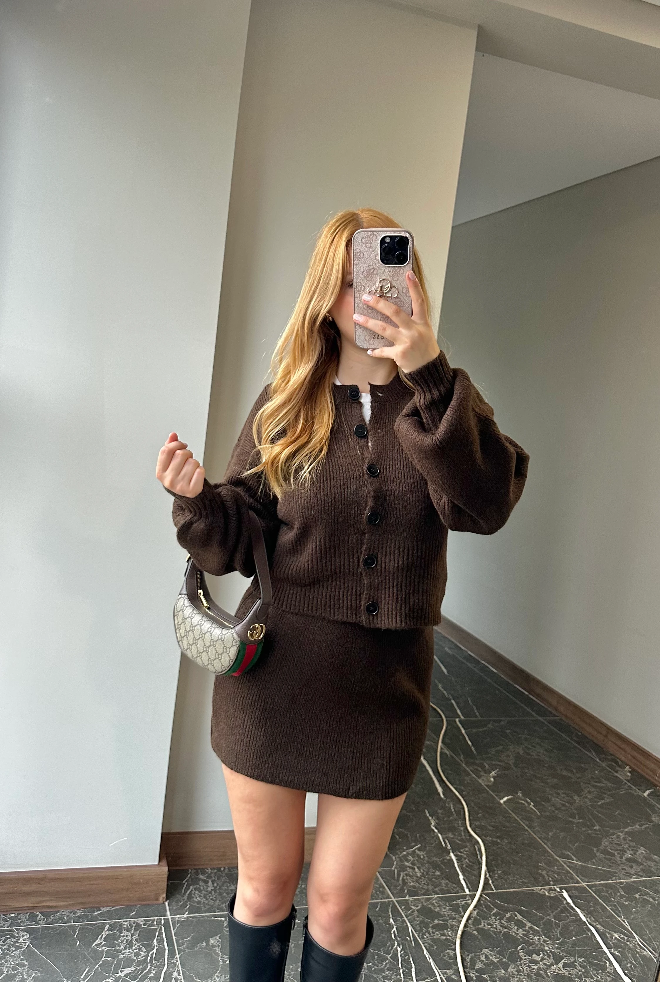 Düğmeli Hırka Beli Lastikli Etek Takım - SheroMocha