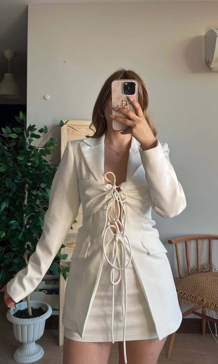 Bağcıklı Blazer Ceket Etek Takım - Beyaz