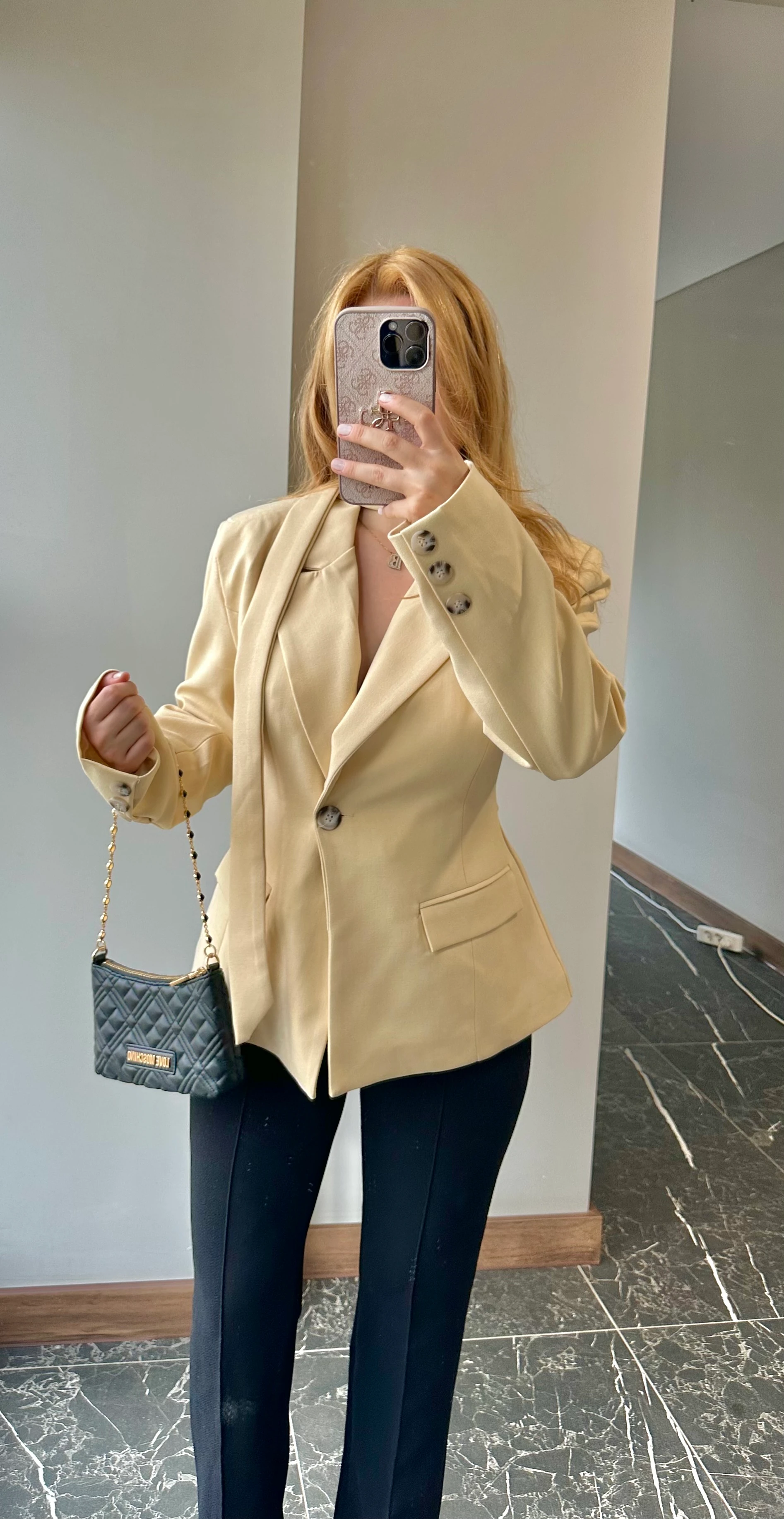 Fularlı Belden Oturtmalı Kruvaze Blazer Ceket 