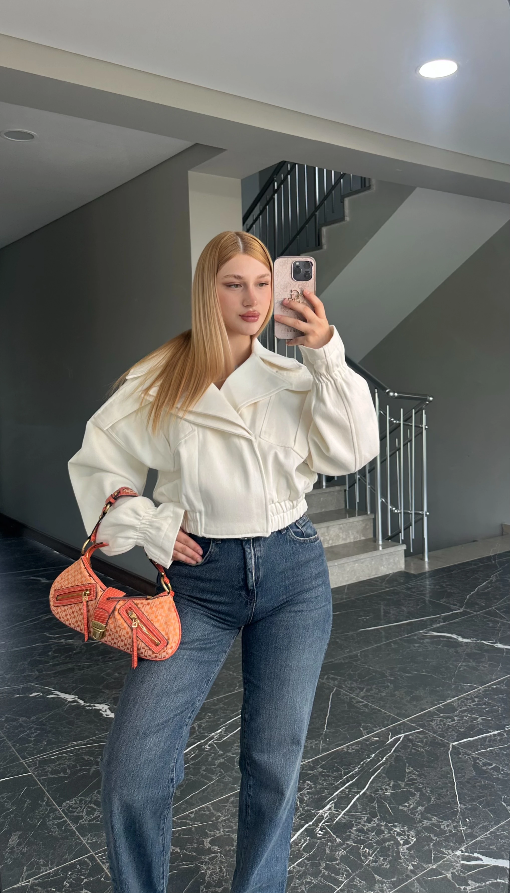 Ekru Beli Lastikli Bomber Ceket