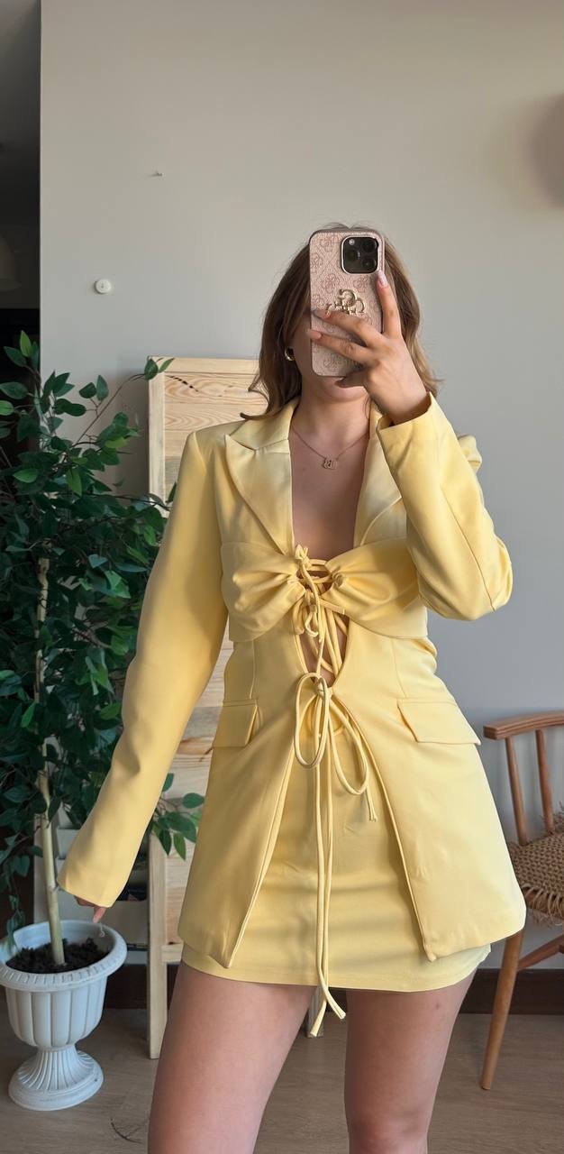 Bağcıklı Blazer Ceket Etek Takım