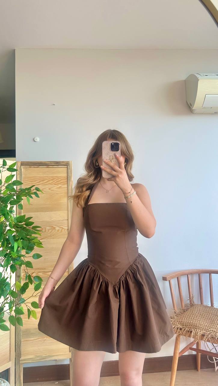 Boyundan Bağlamalı Mini Elbise - Kahverengi