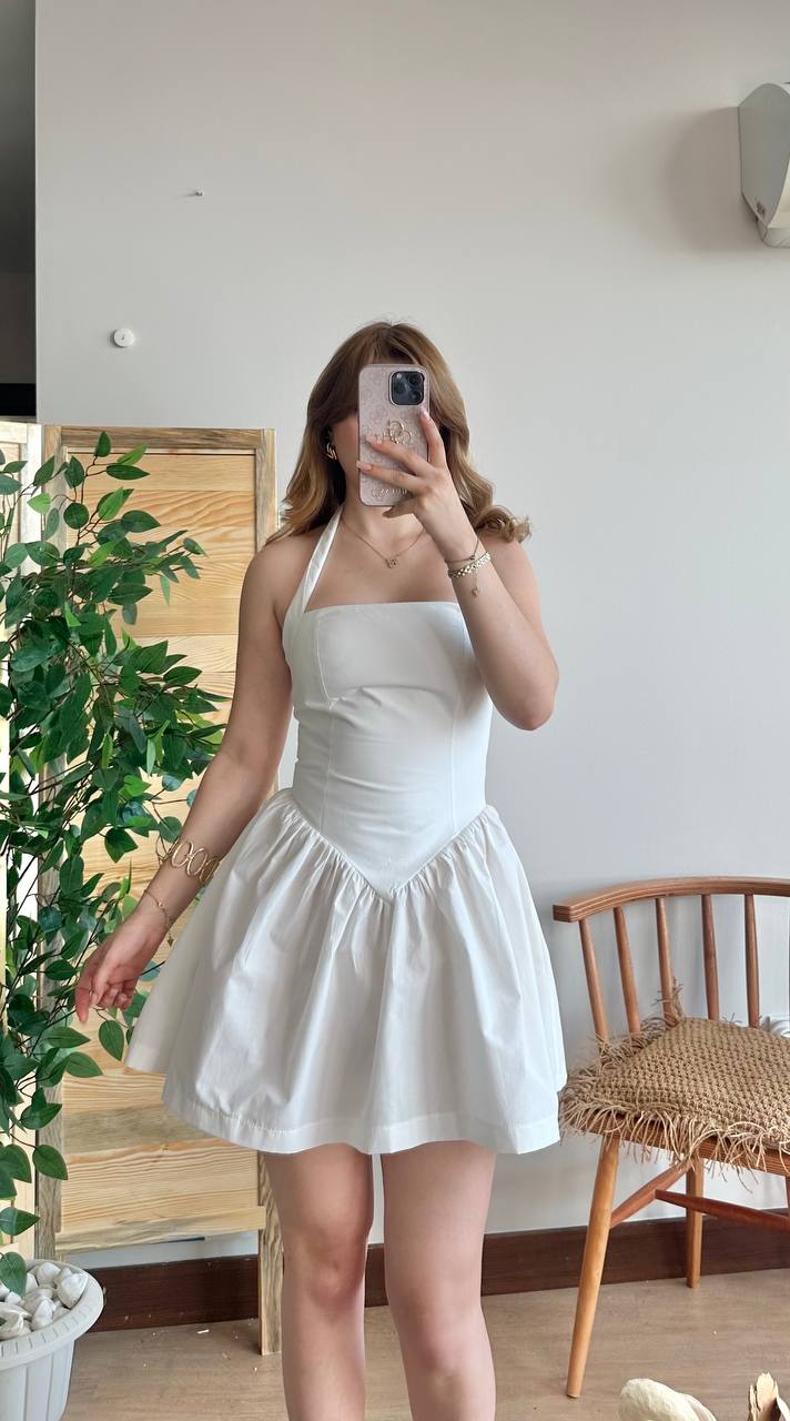 Boyundan Bağlamalı Mini Elbise - Beyaz