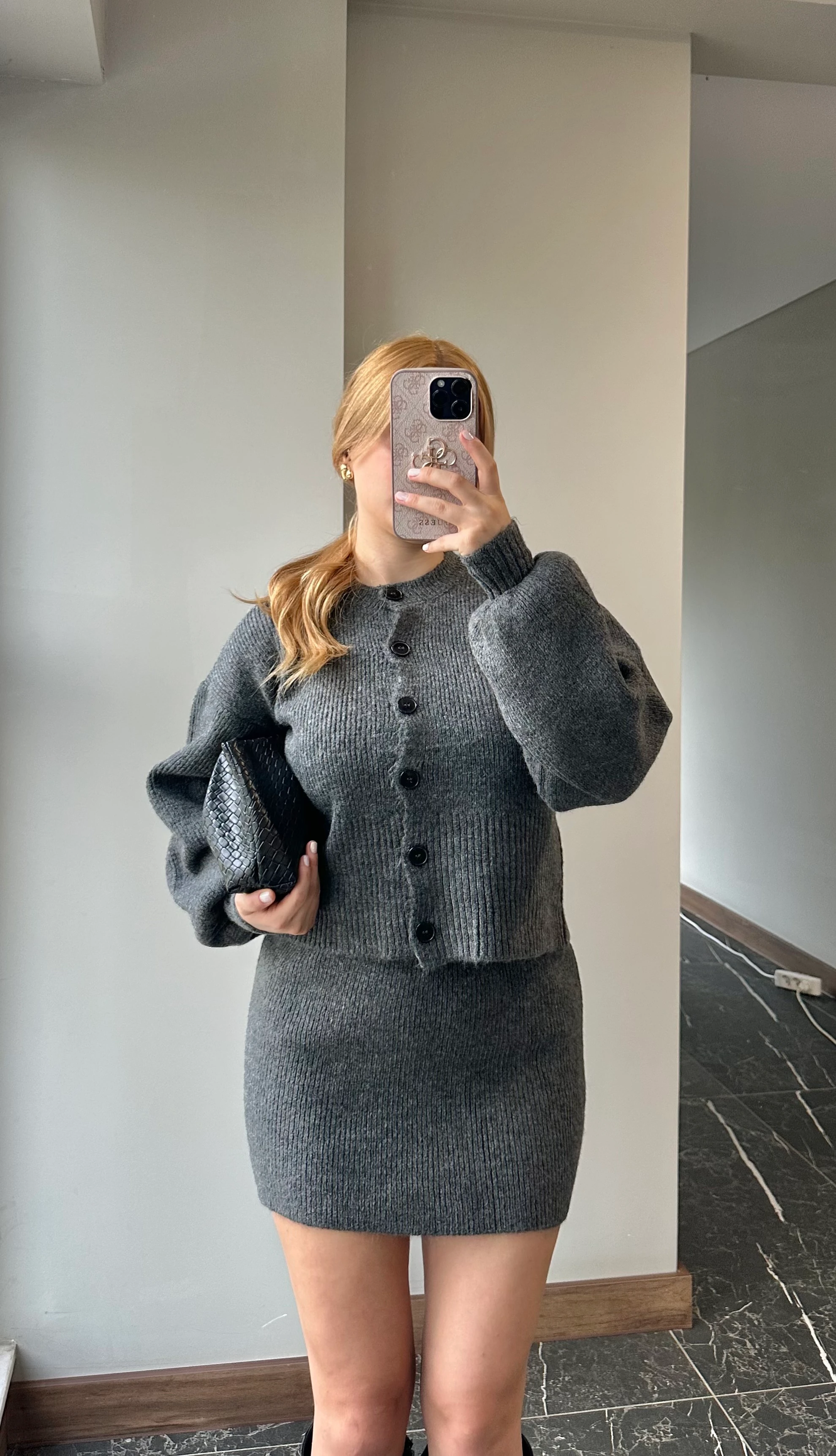 Düğmeli Hırka Beli Lastikli Etek Takım - Gri