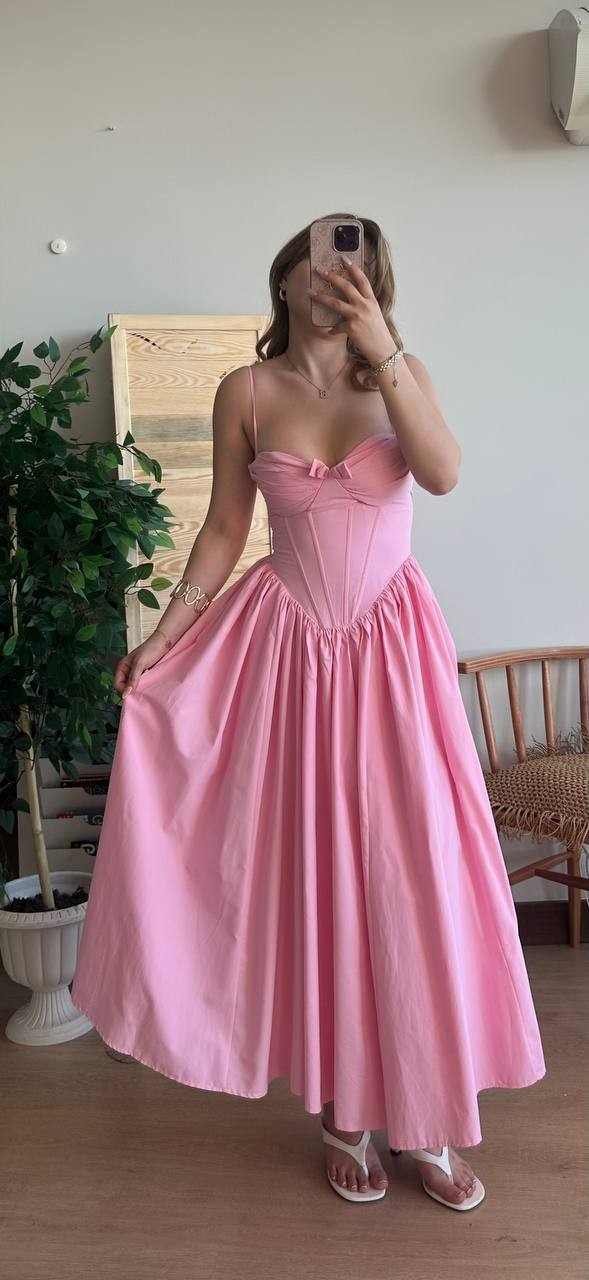Askılı Prenses Model Pembe Elbise - Pembe
