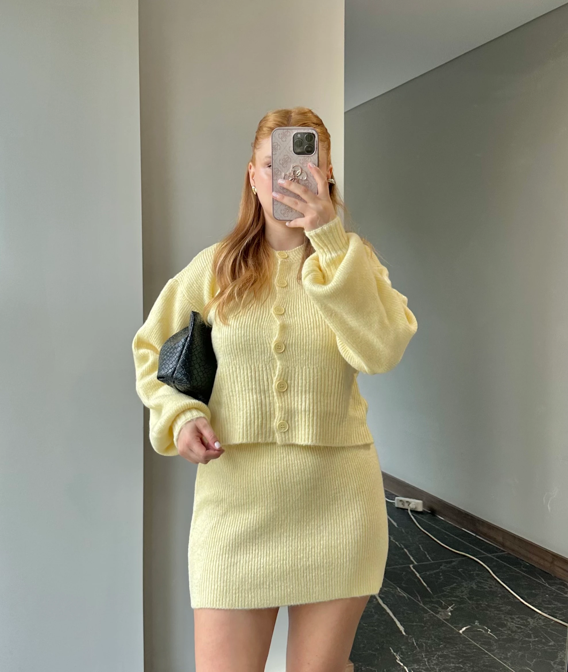 Düğmeli Hırka Beli Lastikli Etek Takım - Sarı