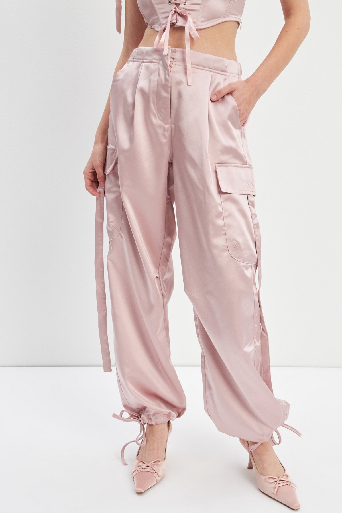 STYLISH SATIN CARGO PANTS - toz pembe