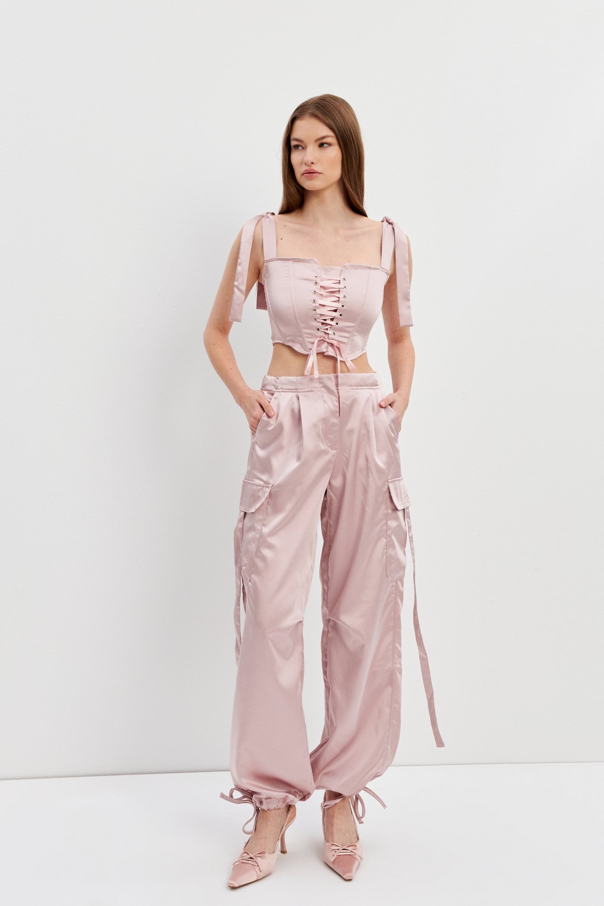 STYLISH SATIN CARGO PANTS - toz pembe