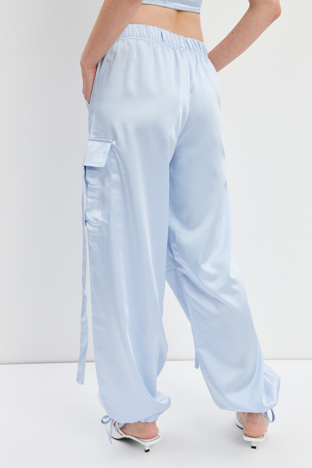 STYLISH SATIN CARGO PANTS - bebek mavisi