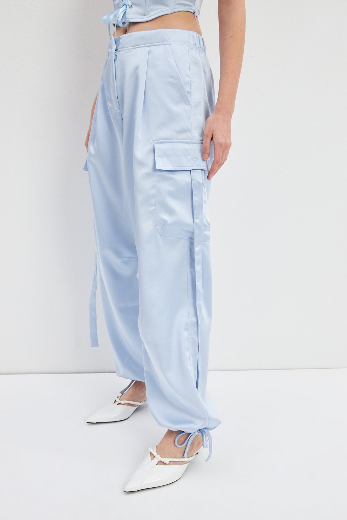 STYLISH SATIN CARGO PANTS - bebek mavisi