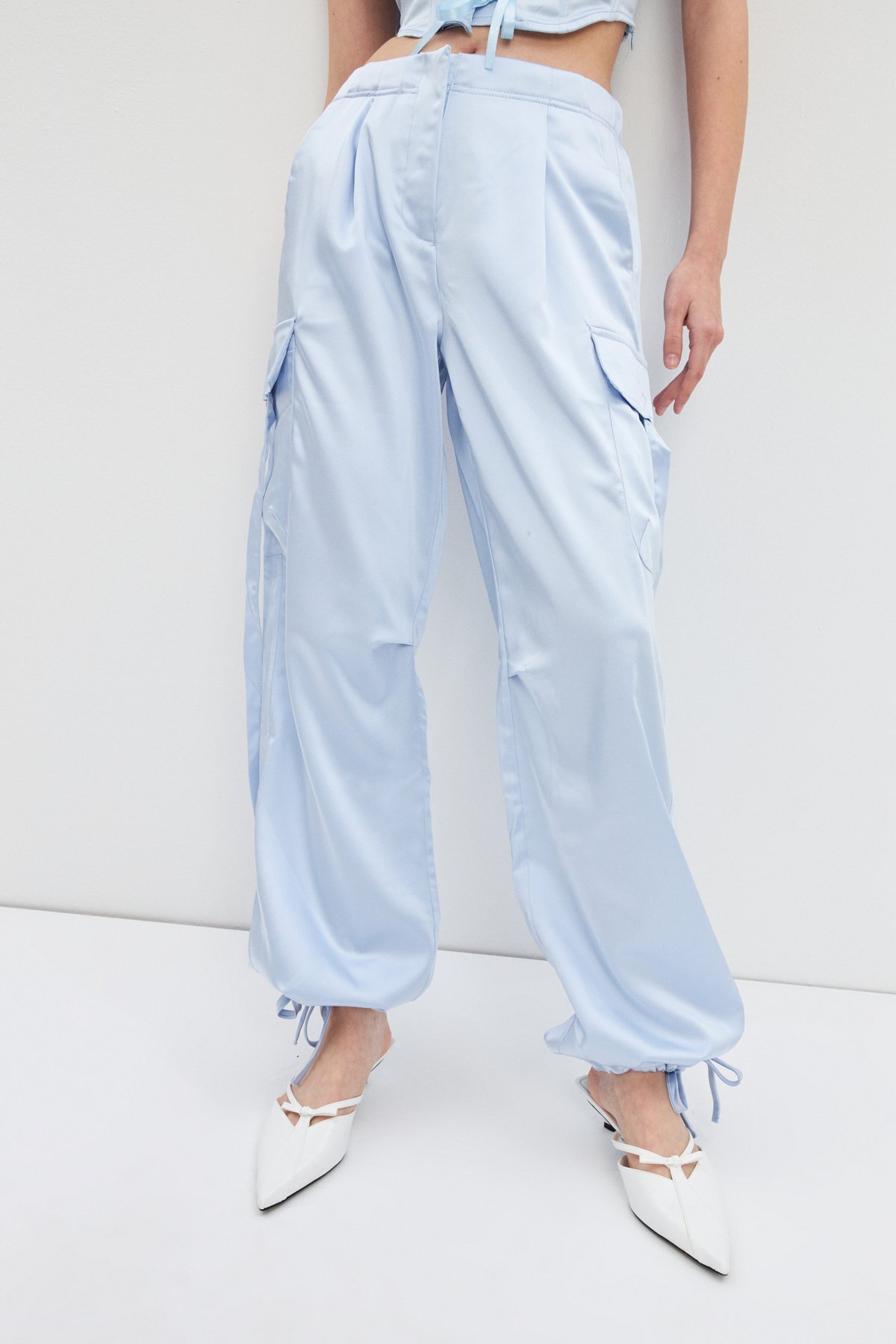 STYLISH SATIN CARGO PANTS - bebek mavisi