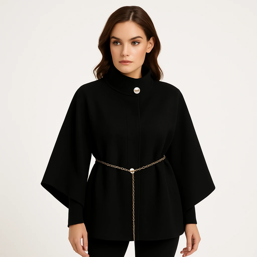 Zincir Kemerli Düğme Detaylı Kaşe Panço