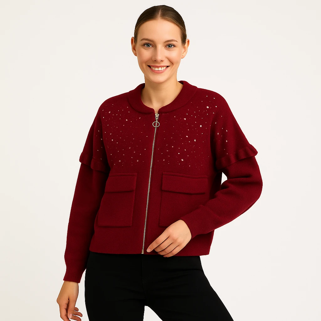 Pul detaylı cepli fermuarlı kaşe ceket