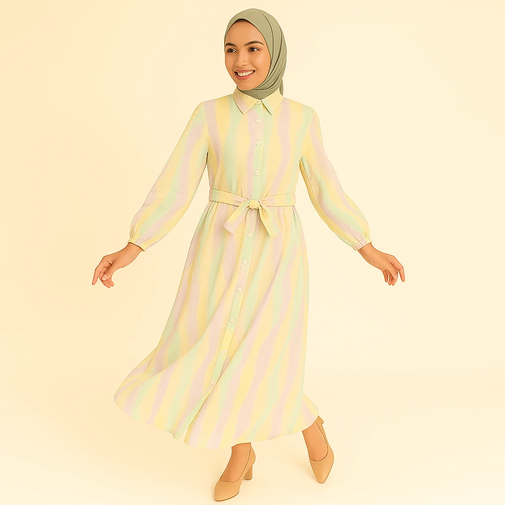 Desenli Kuşaklı Tesettür Elbise