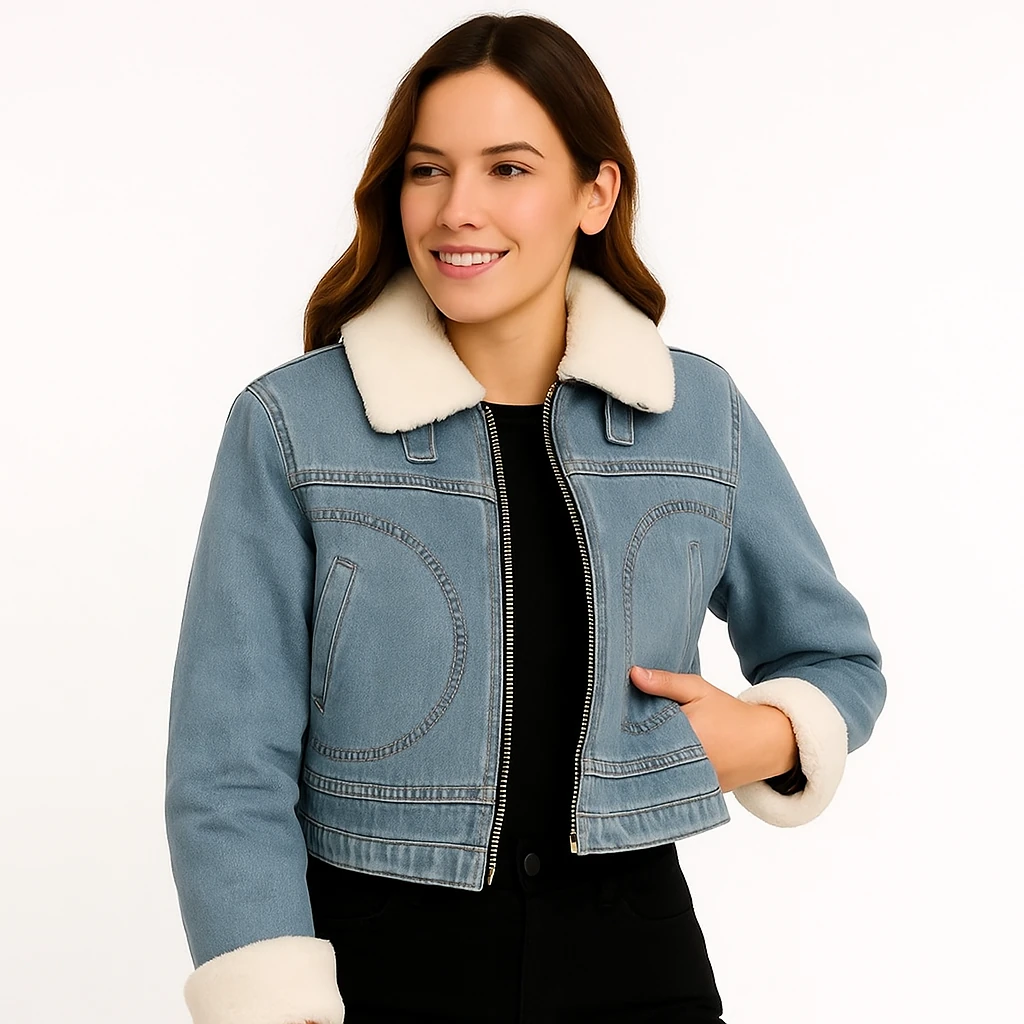 Kürk Yaka ve Manşet Detaylı Kot Ceket