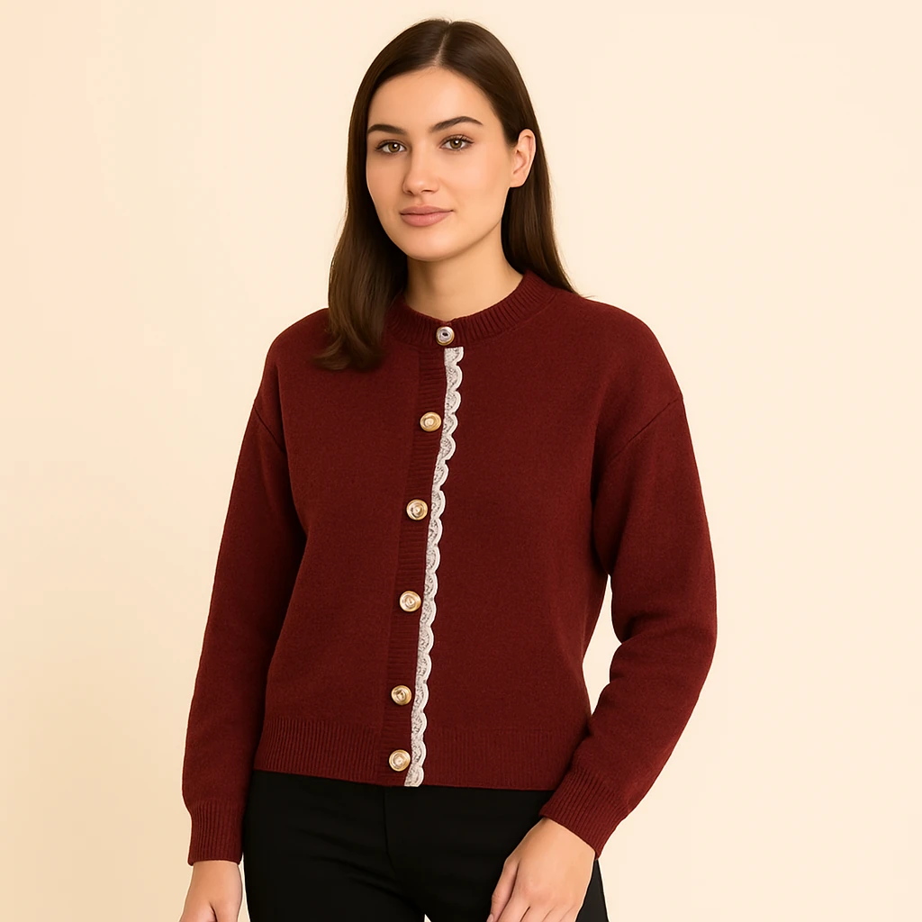 Dantel Detaylı Düğmeli Triko Hırka
