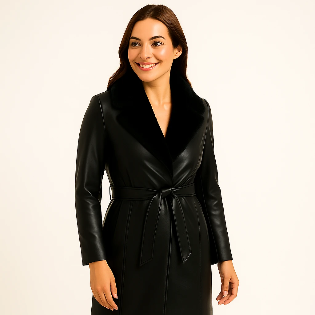 kuşaklı kürk yakalı deri kaban