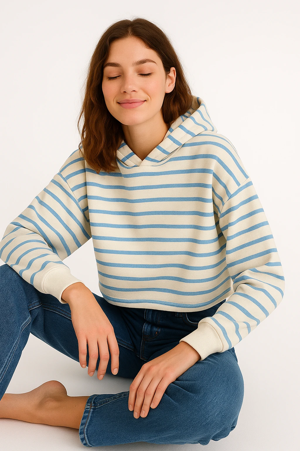 Çizgili Crop Kapüşonlu Sweat