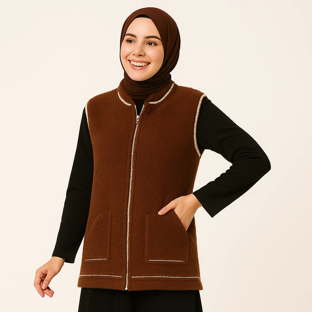 Tüylü Kumaş Fermuarlı Şık Yelek
