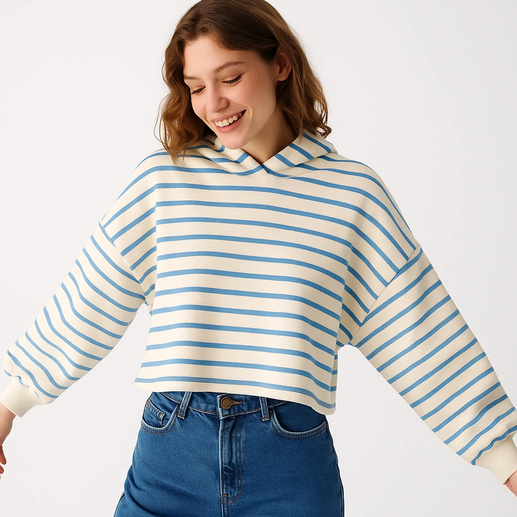 Çizgili Crop Kapüşonlu Sweat