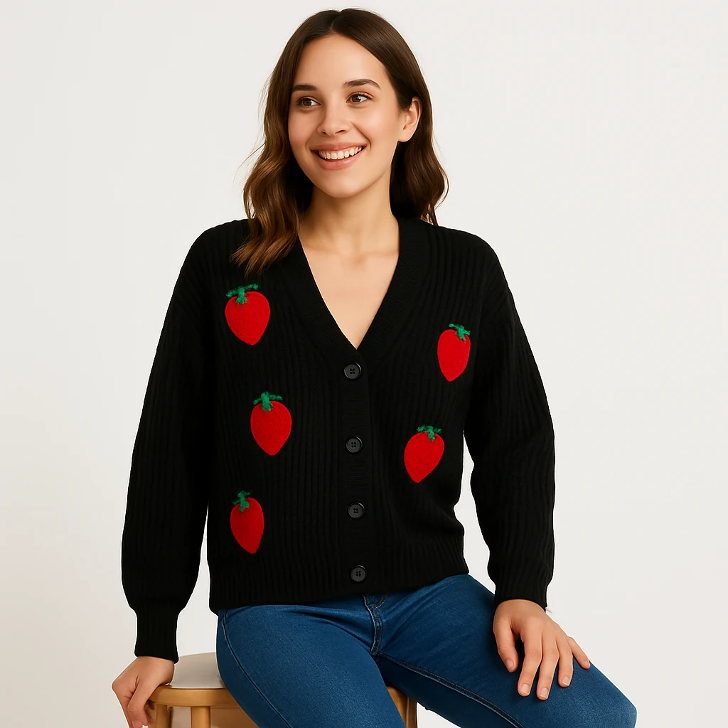 ÇİLEKLİ ÖRME CEKET