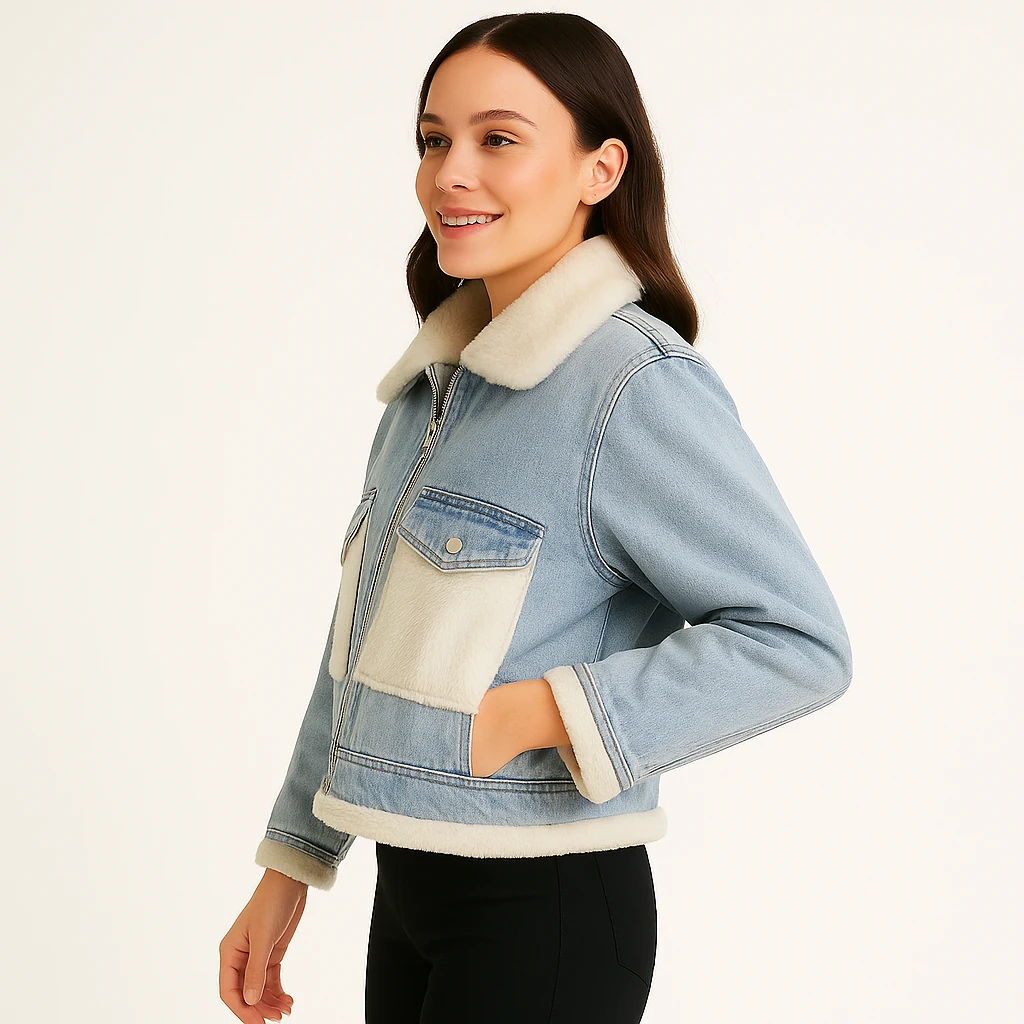 
Kürk Detaylı Açık Mavi Denim Kısa Ceket