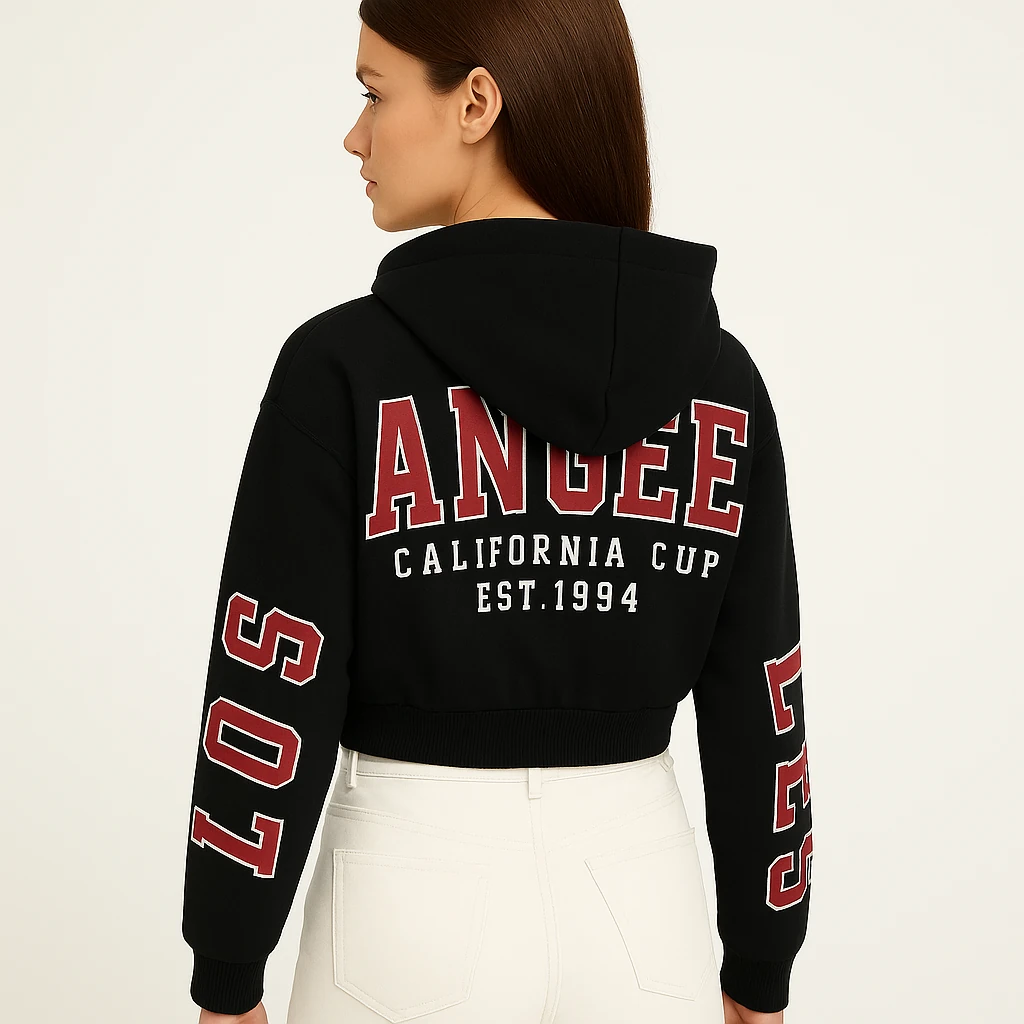 arka baskılı kısa kapüşonlu sweatshirt