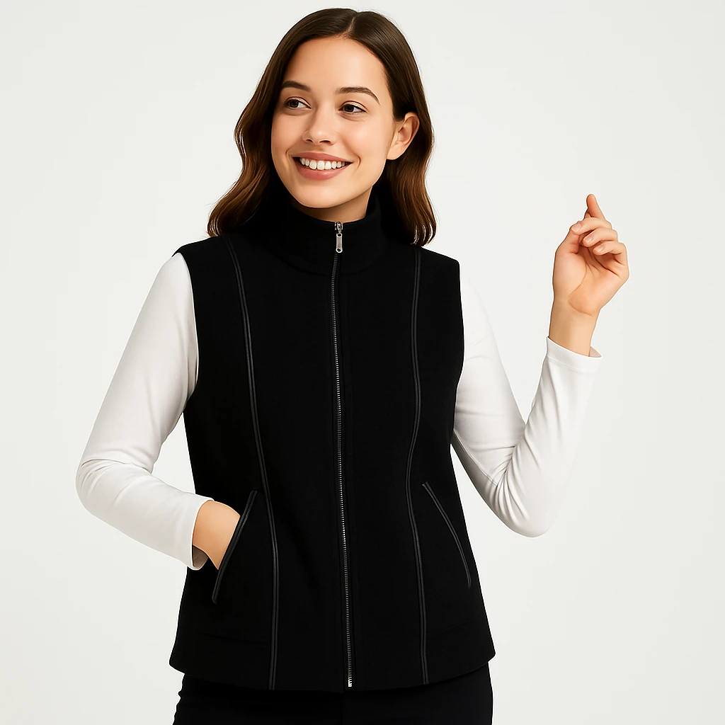 Dikiş Detaylı Kaşe Kumaş Fermuarlı Yelek