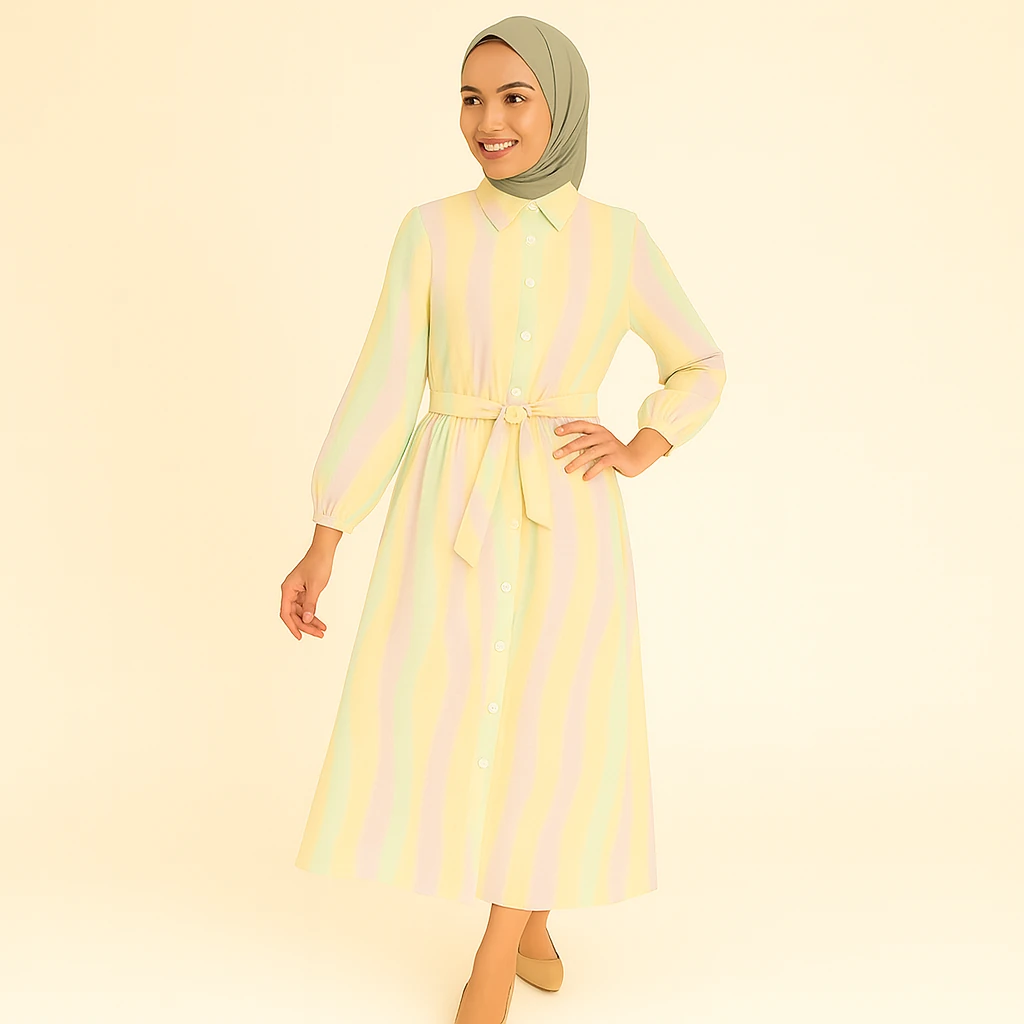 Desenli Kuşaklı Tesettür Elbise