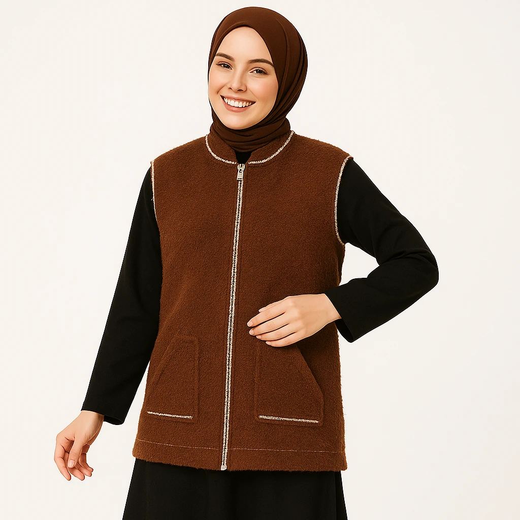 Tüylü Kumaş Fermuarlı Şık Yelek
