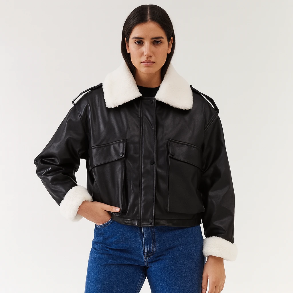 Shearling Yaka Deri Görünümlü Kısa Mont