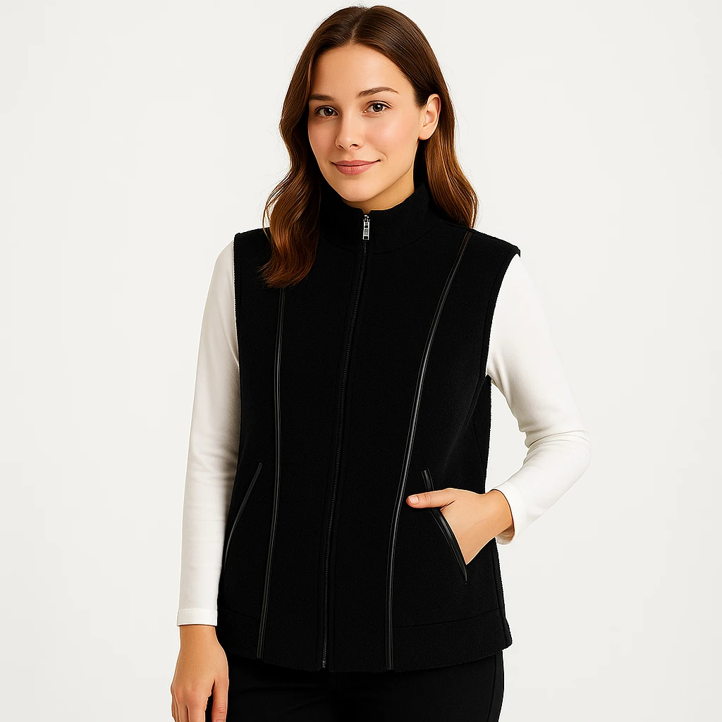 Dikiş Detaylı Kaşe Kumaş Fermuarlı Yelek