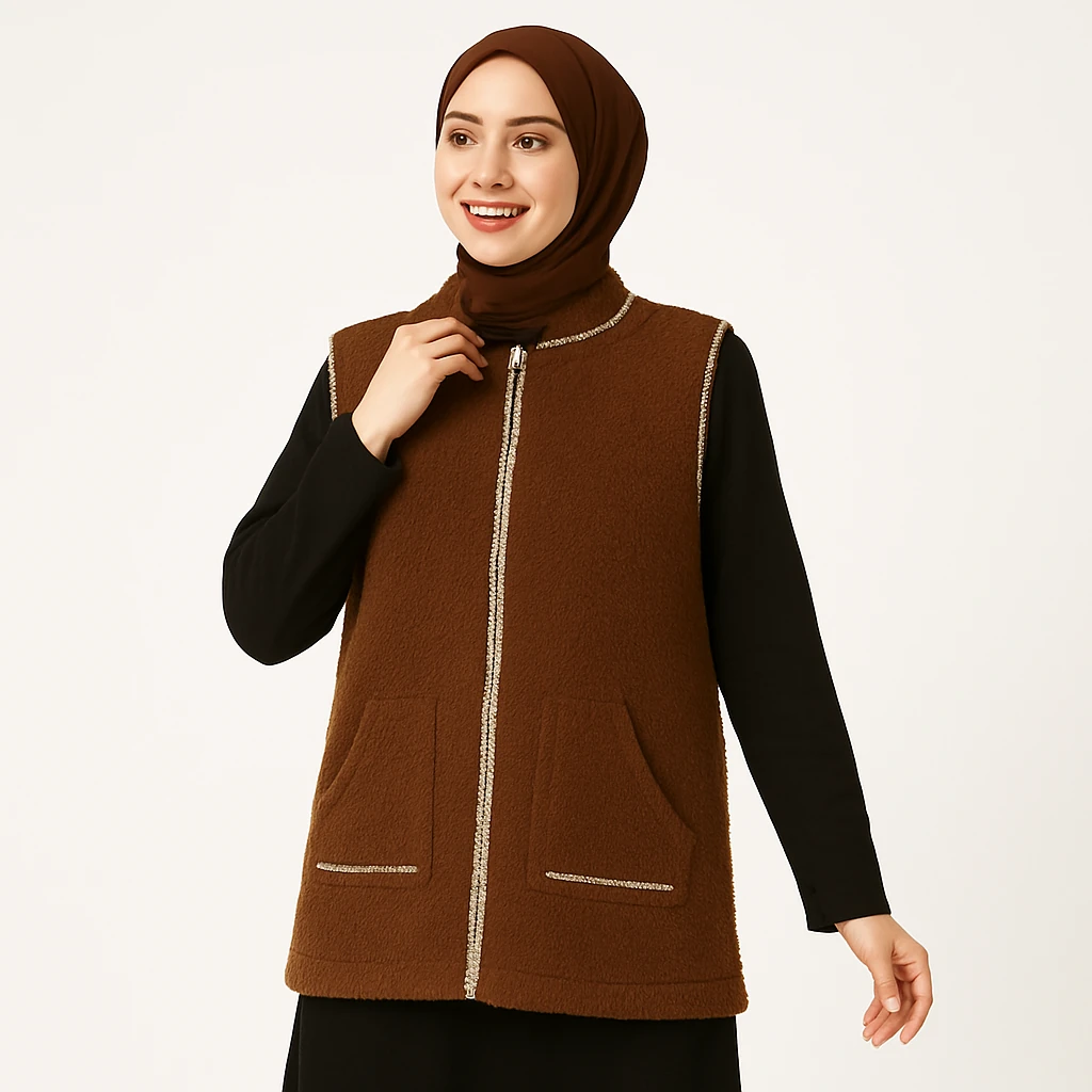 Tüylü Kumaş Fermuarlı Şık Yelek
