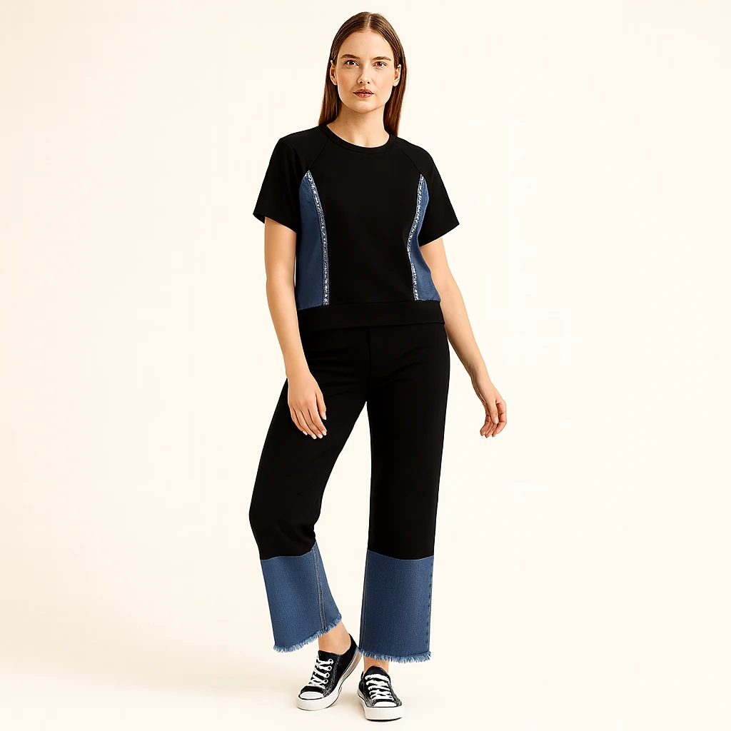 Denim Detaylı Siyah İkili Takım