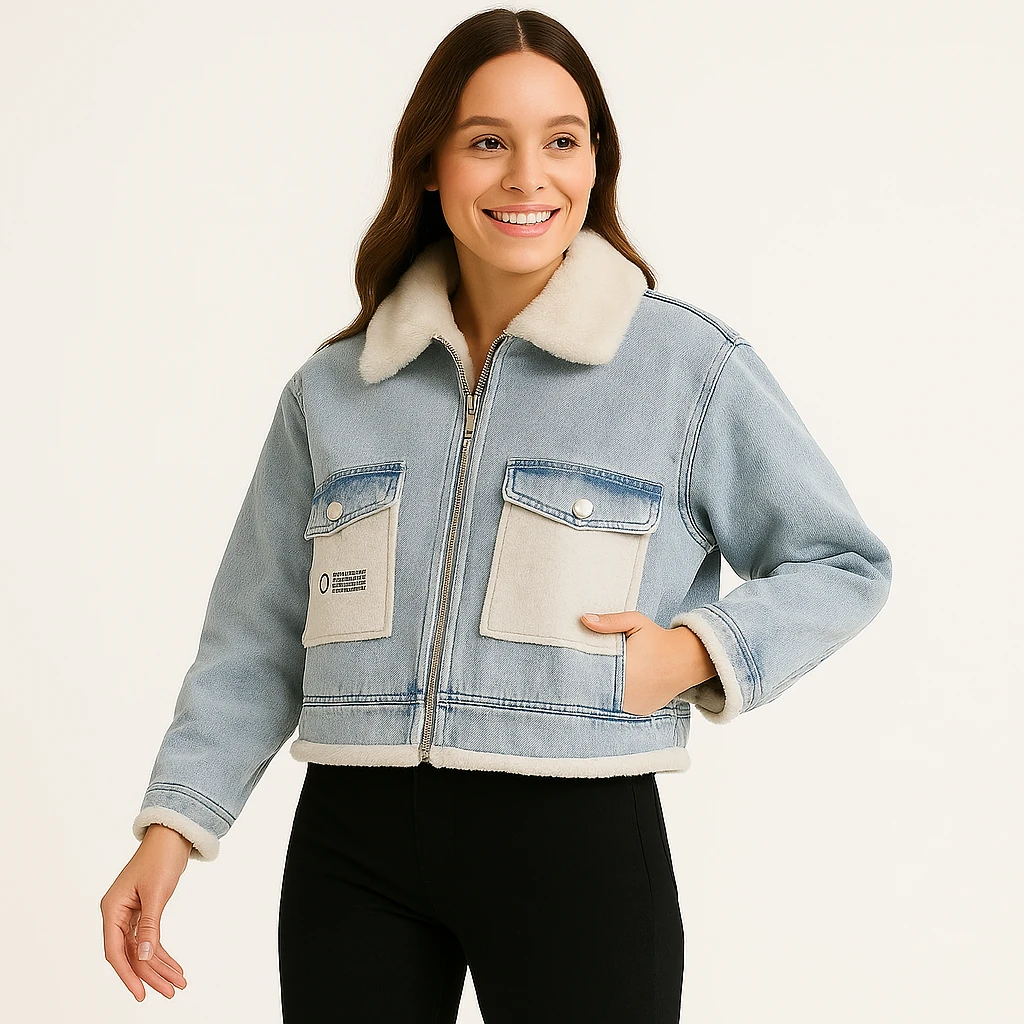 
Kürk Detaylı Açık Mavi Denim Kısa Ceket