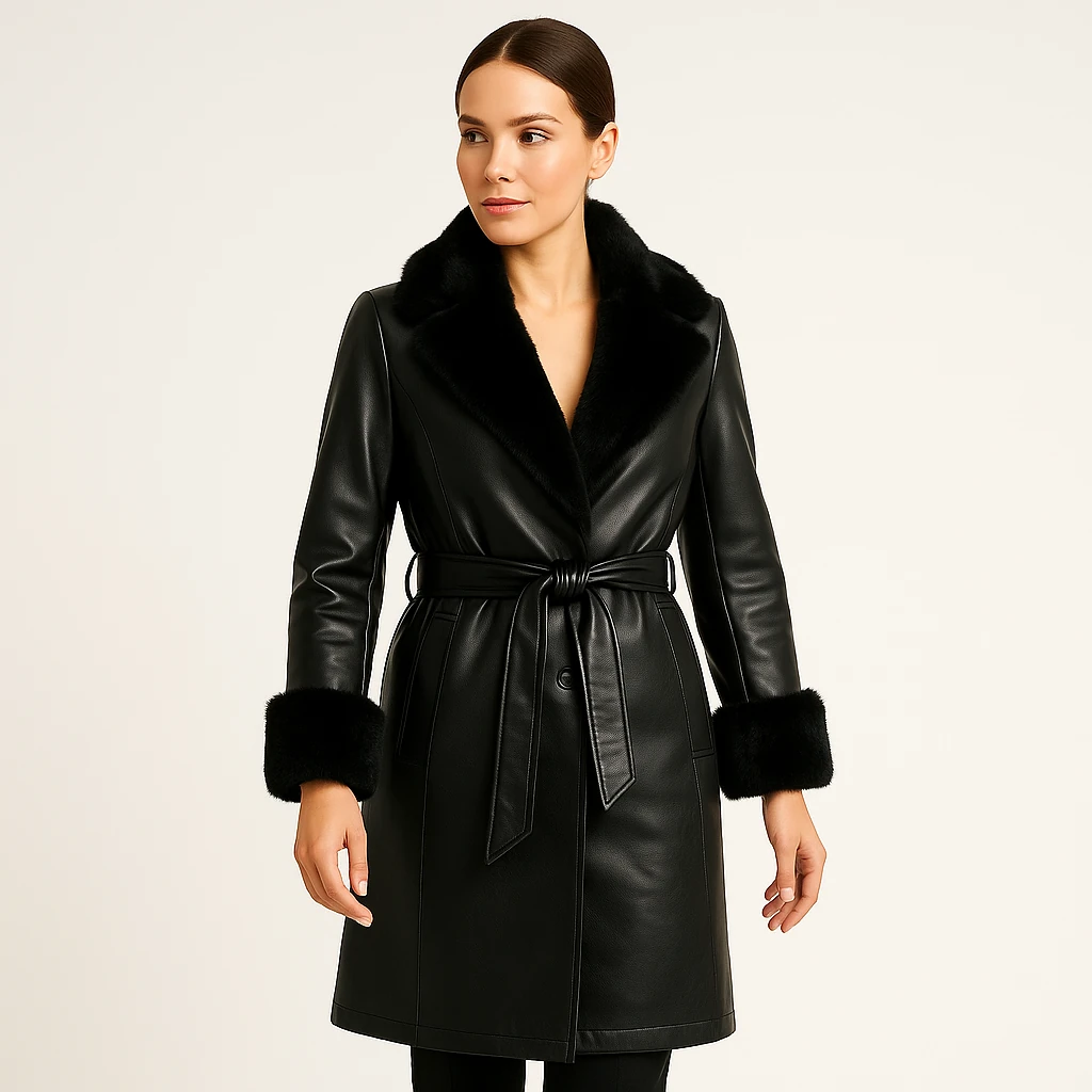 kürk yakalı ve kürk manşetli deri kaban